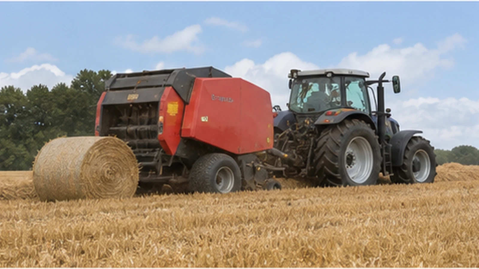 Hay baler working behind a tractor in a wheat stubble field