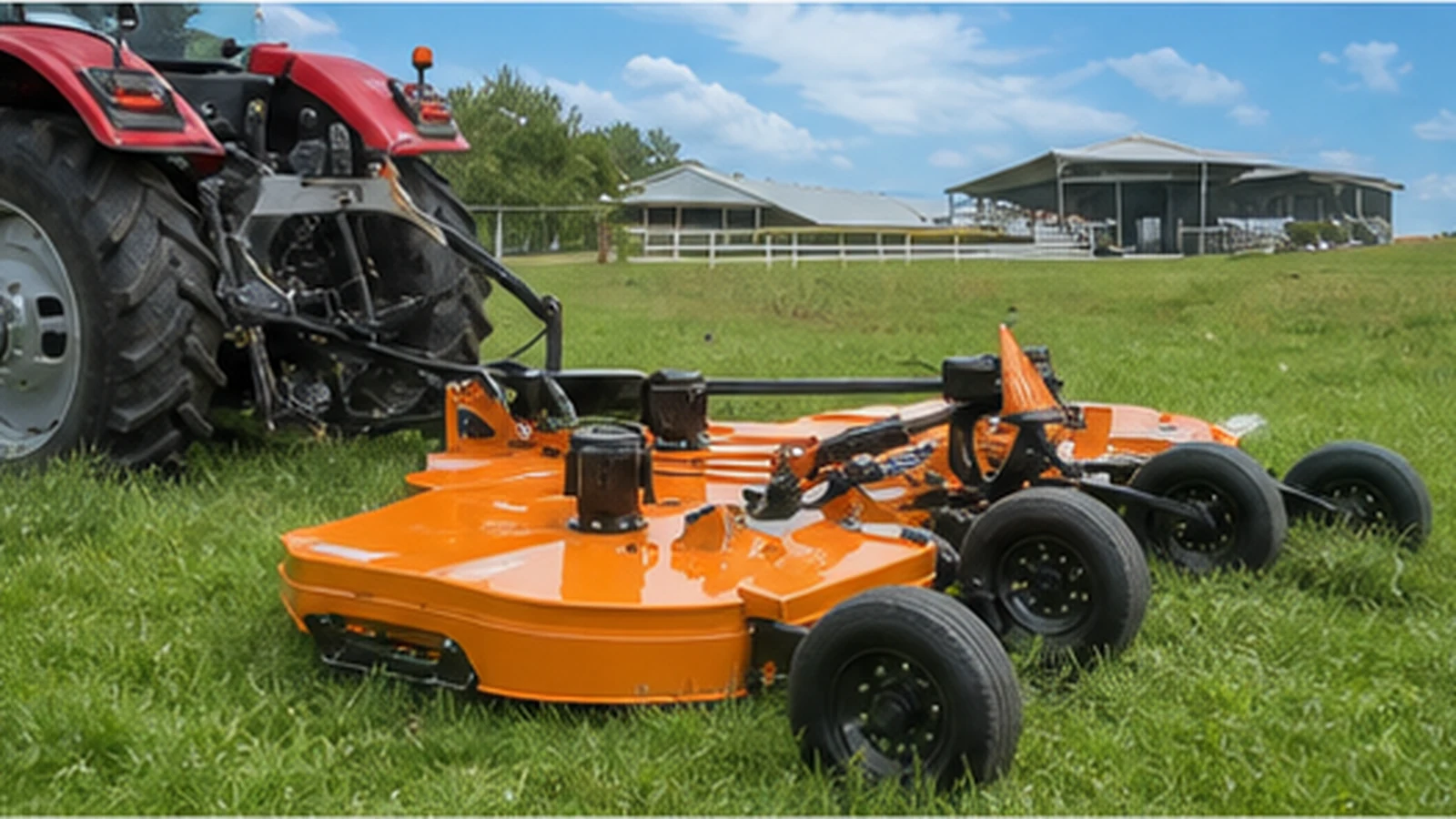 Orange finish mower deck behind a compact tractor on manicured grass