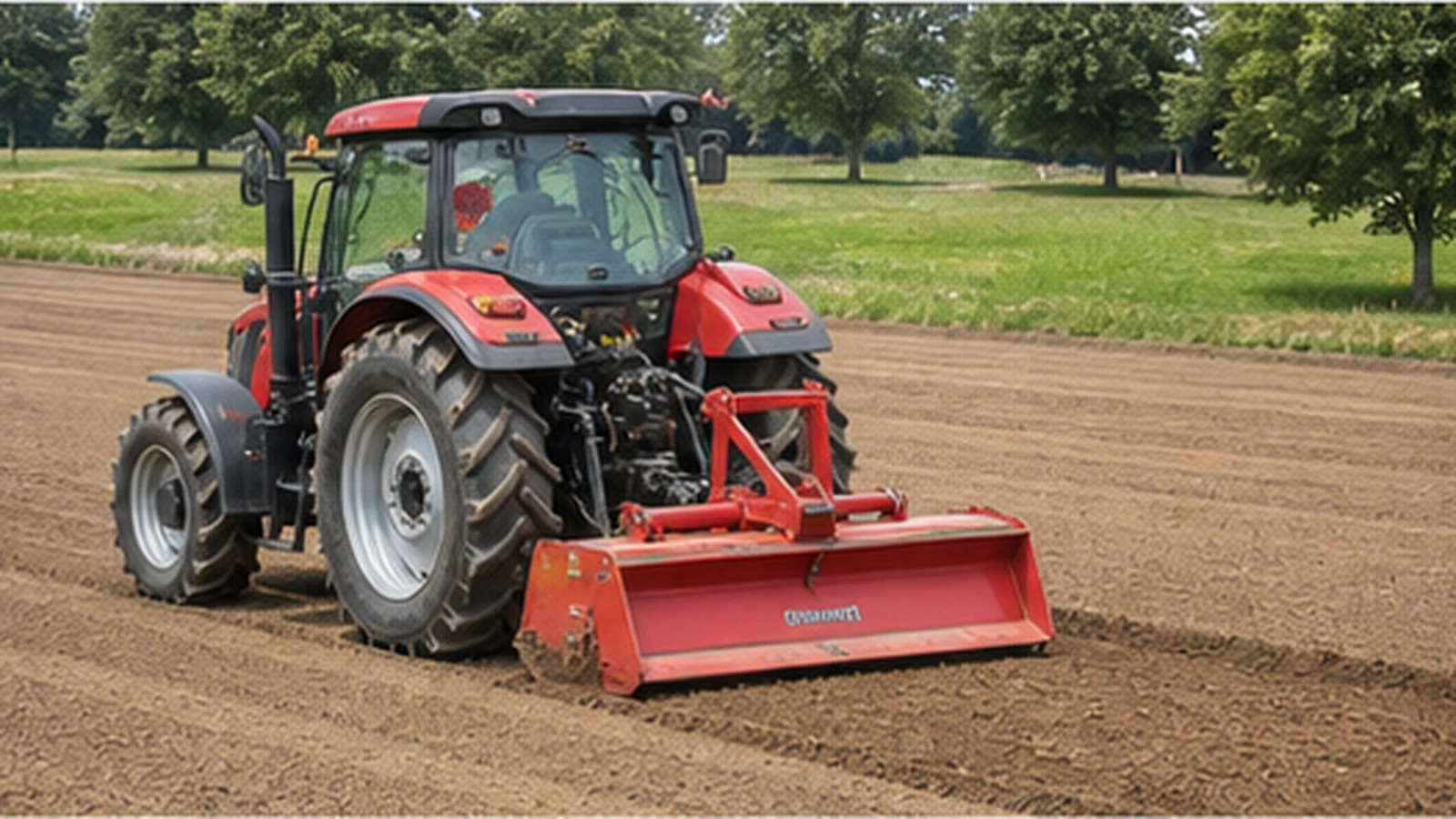 Rear mounted soil finishing implement behind a tractor on a neat field
