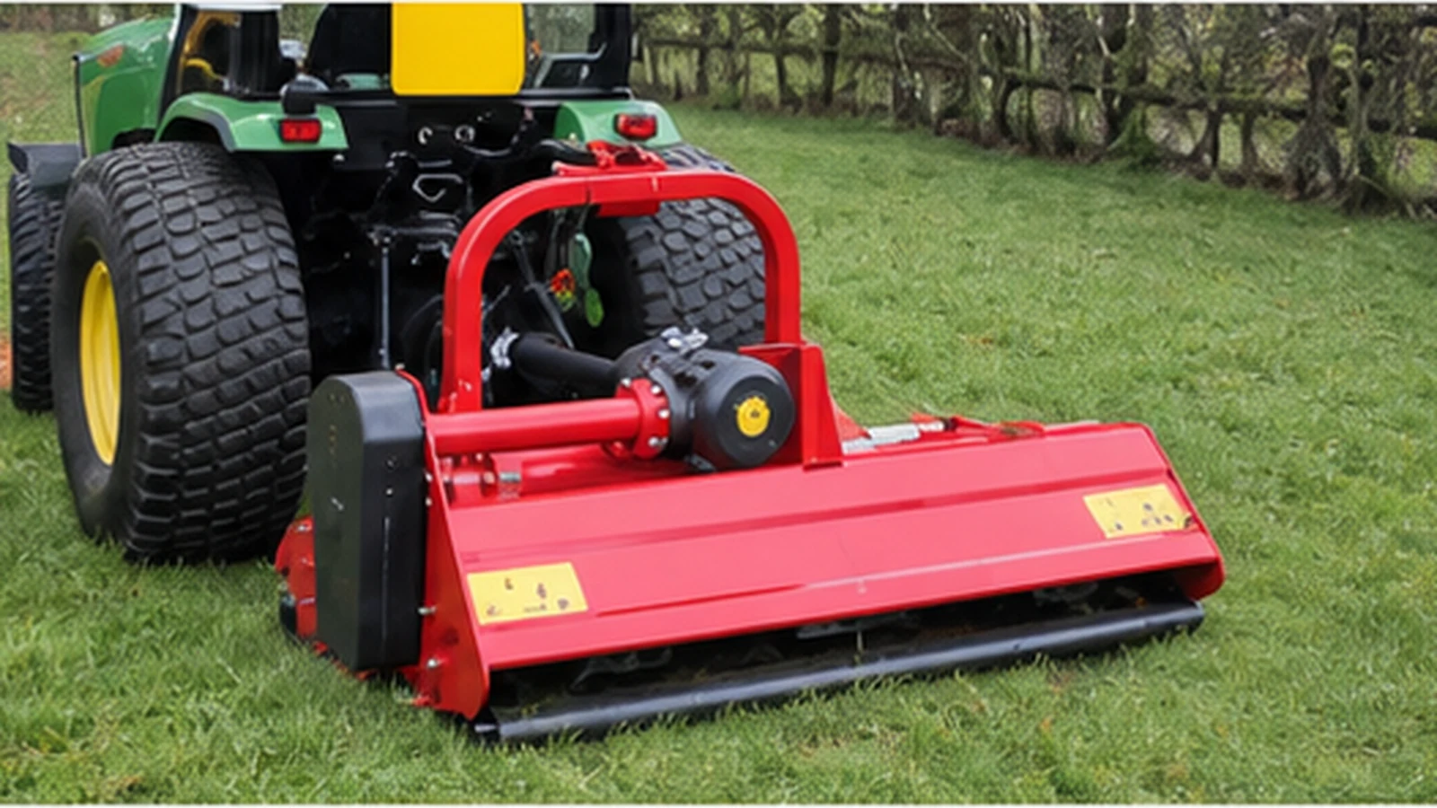 Red flail mulcher attached to a tractor on a clean grass field