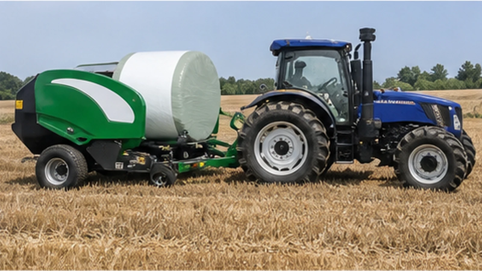 Round bale wrapper beside a tractor in an open field