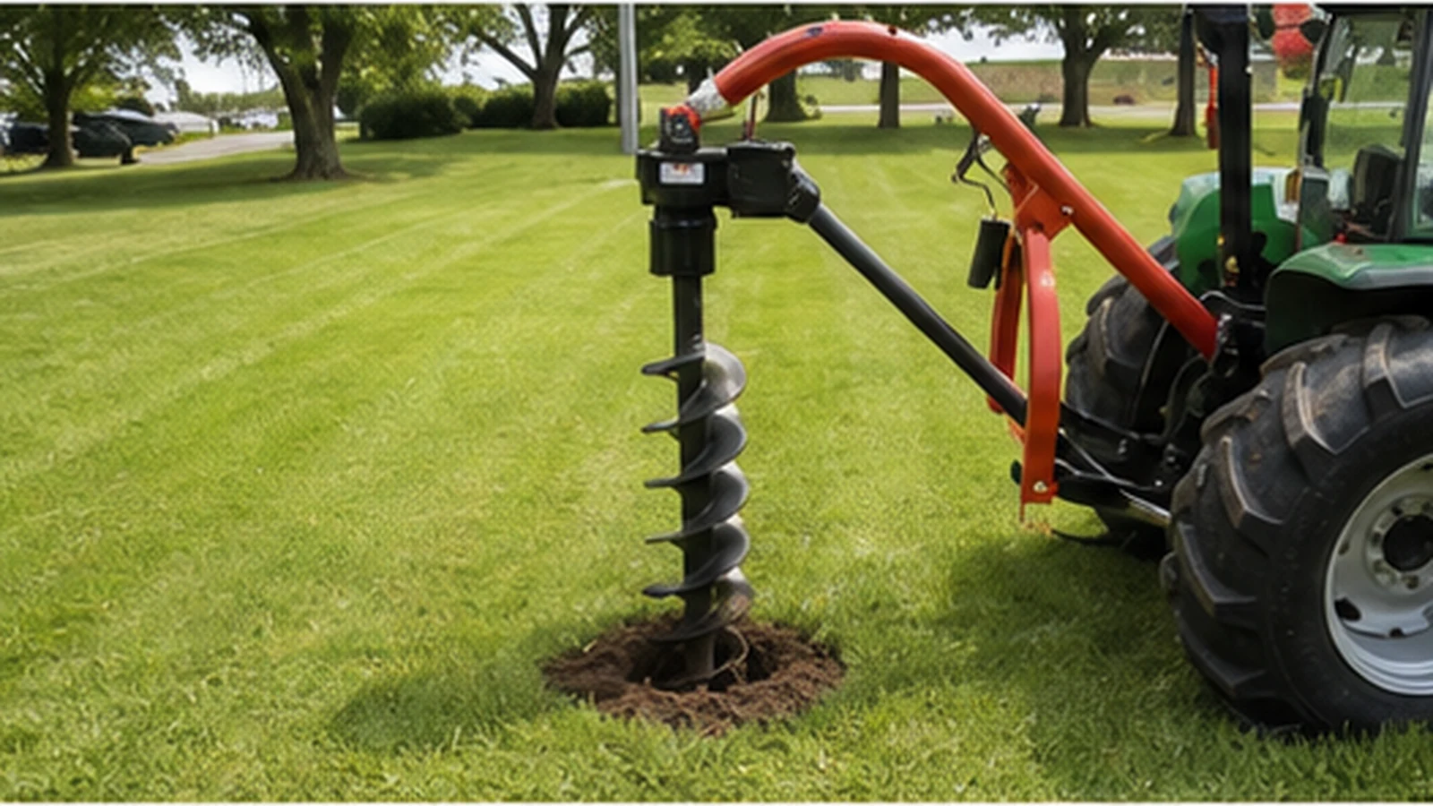 Tractor mounted auger drilling into turf in a clean open lawn