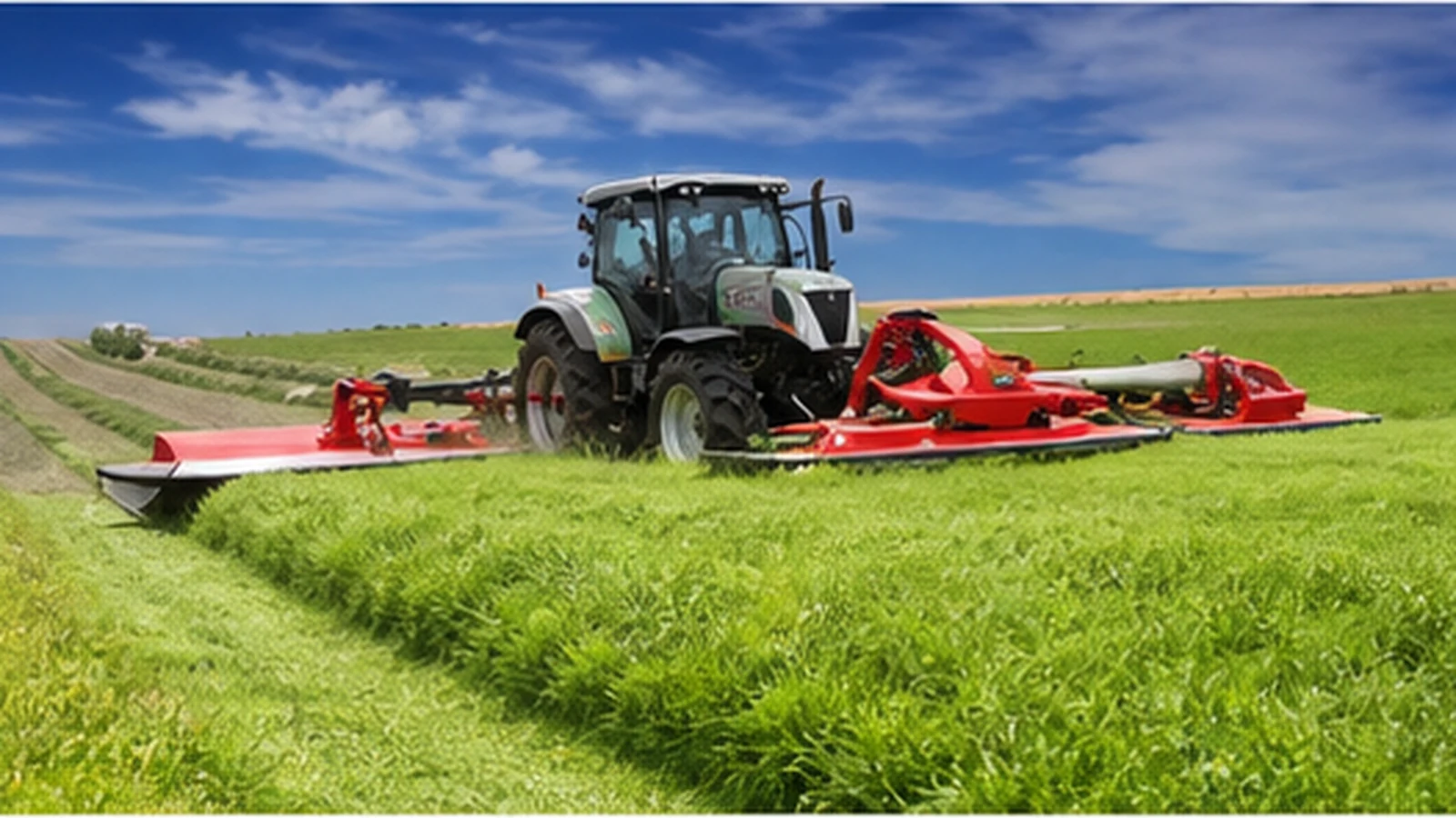 Wide agricultural mower cutting green pasture behind a tractor